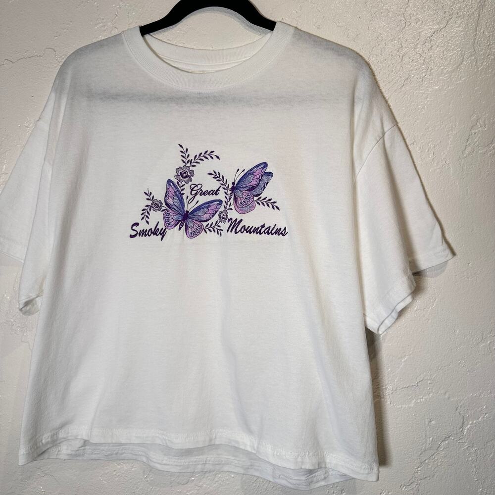 Vintage Ladies Large Made in USA Smoky Mountains Crop T-Shirt Butterflies Cotton
